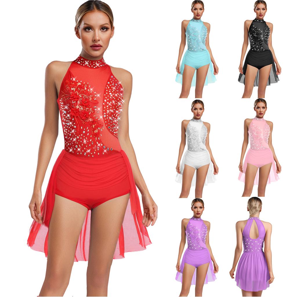 Womens Sparkly Latin Dance Wear Rhinestone Applique Sleeveless Back Hollow Skirted Leotard Gymnastics Bodysuit