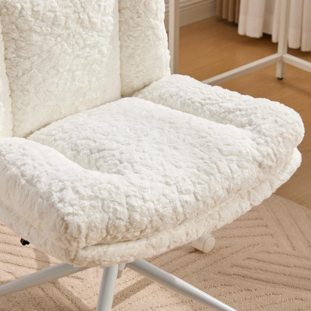 W26.4 inch Wider Seat Office Chair,Artificial rabbit hair Home Chair with Metal Base,Adjustable Desk Swivel Chair,Vanity Chair(Cream) ,DE1875CM