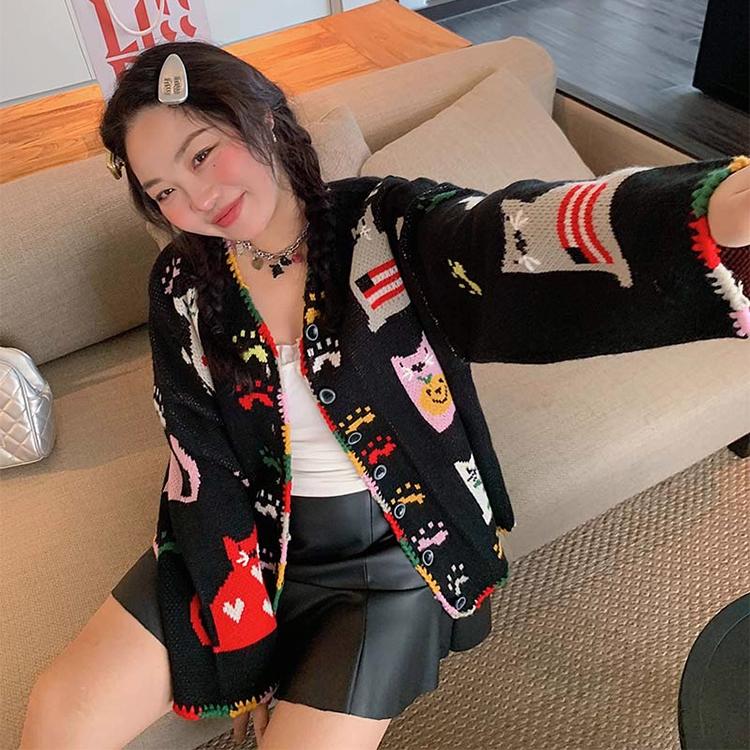 DIMANAF 2025 Цветочные свитера Кардиган Осень Женские с принтом С круглым вырезом Свитера Вязаные Свободные Черный свитер