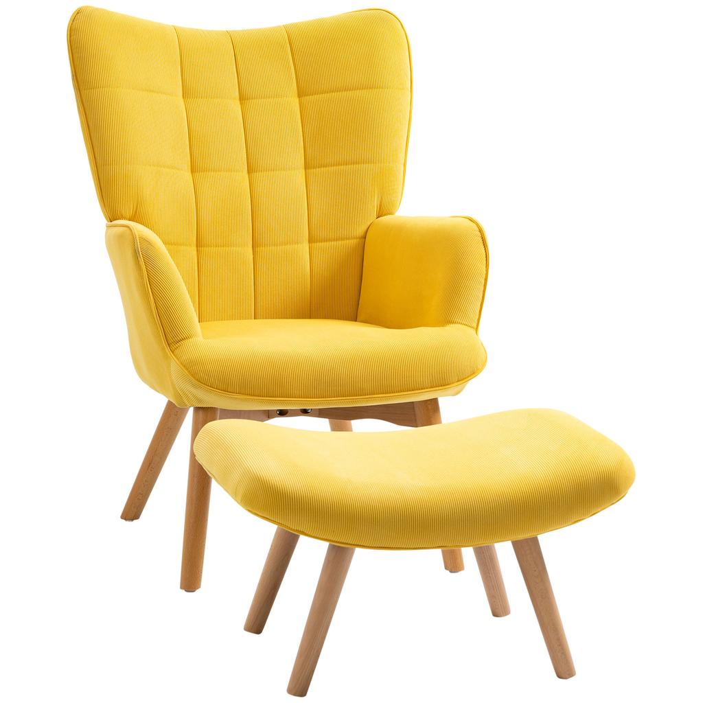 Accent Chair With Ottoman Relax Chair In Corduroy Look Armchair With Wooden Legs For Living Room Yellow