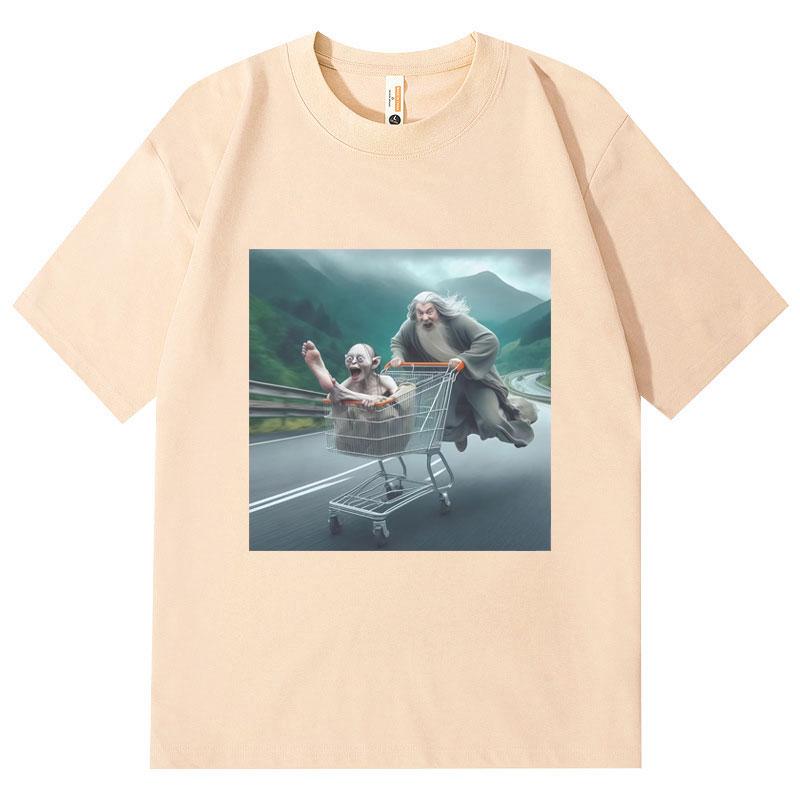 Wizard Pushing Goblin in Shopping Cart Funny Graphic T Shirts Gothic Vintage Short Sleeve Tshirt Unisex Casual Cotton Tshirts