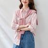Knitted Shawl Striped Shirt for Women Long-sleeved Spring Clothes New Fashionable Top Pink Lapel Shirt