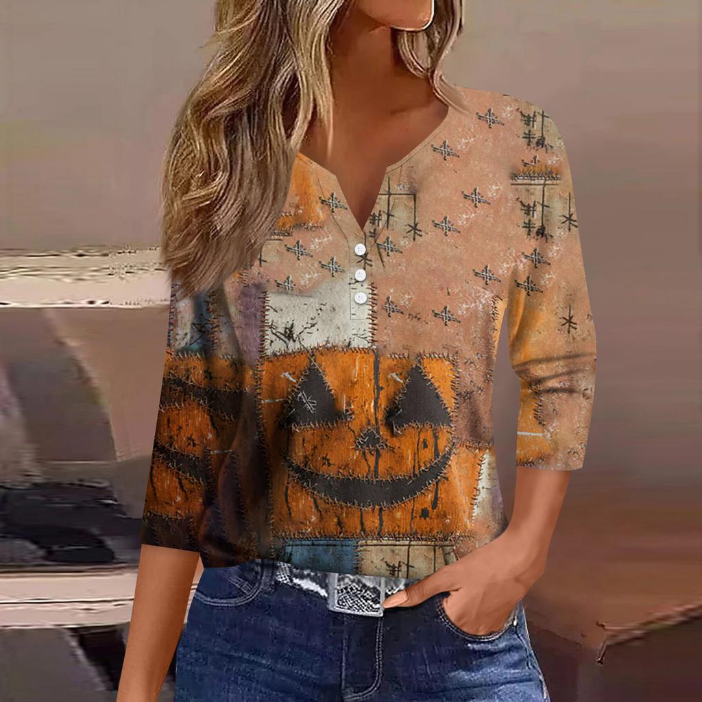Women's Fashion Button-Up V-Neck Three-Quarter Sleeve Halloween Print Top