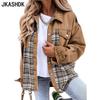 Женская мода повседневная клетчатая печать осень-зима длинный рукав поло воротник куртки и пальто