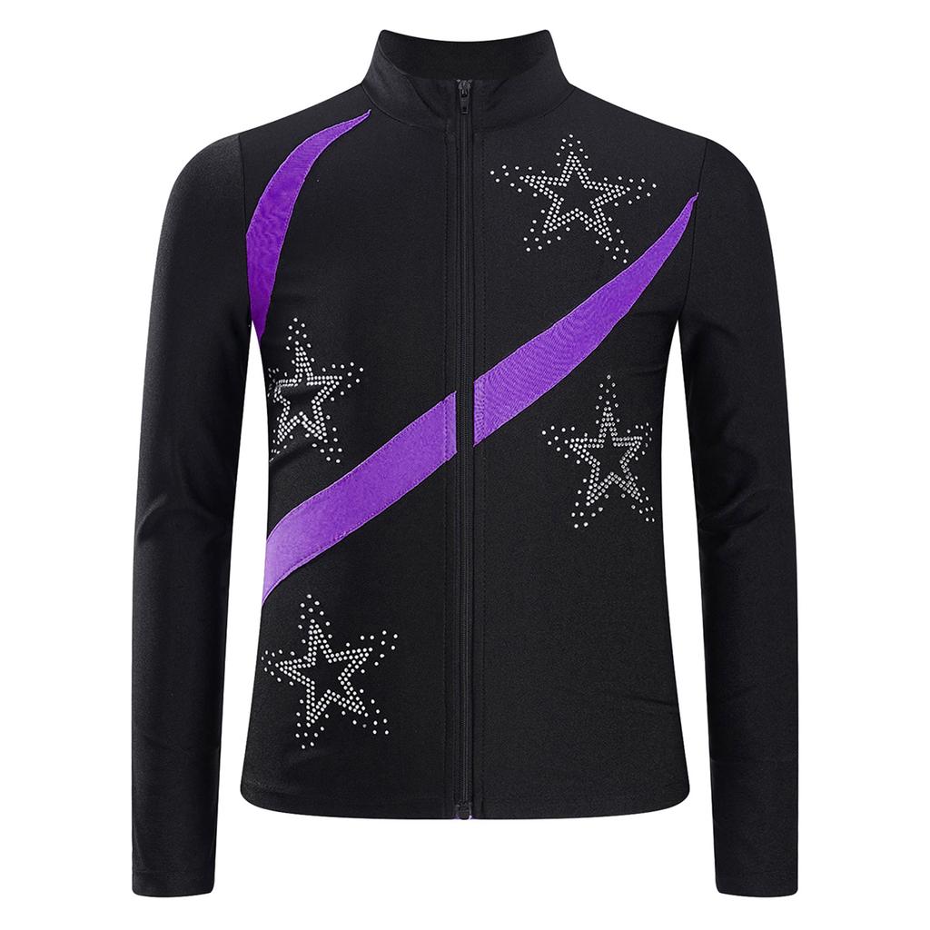 Girls Shiny Rhinestone Star Sports Top Contrast Color Long Sleeve Stand Collar Zipper Sweatshirt Gymnastics Wear