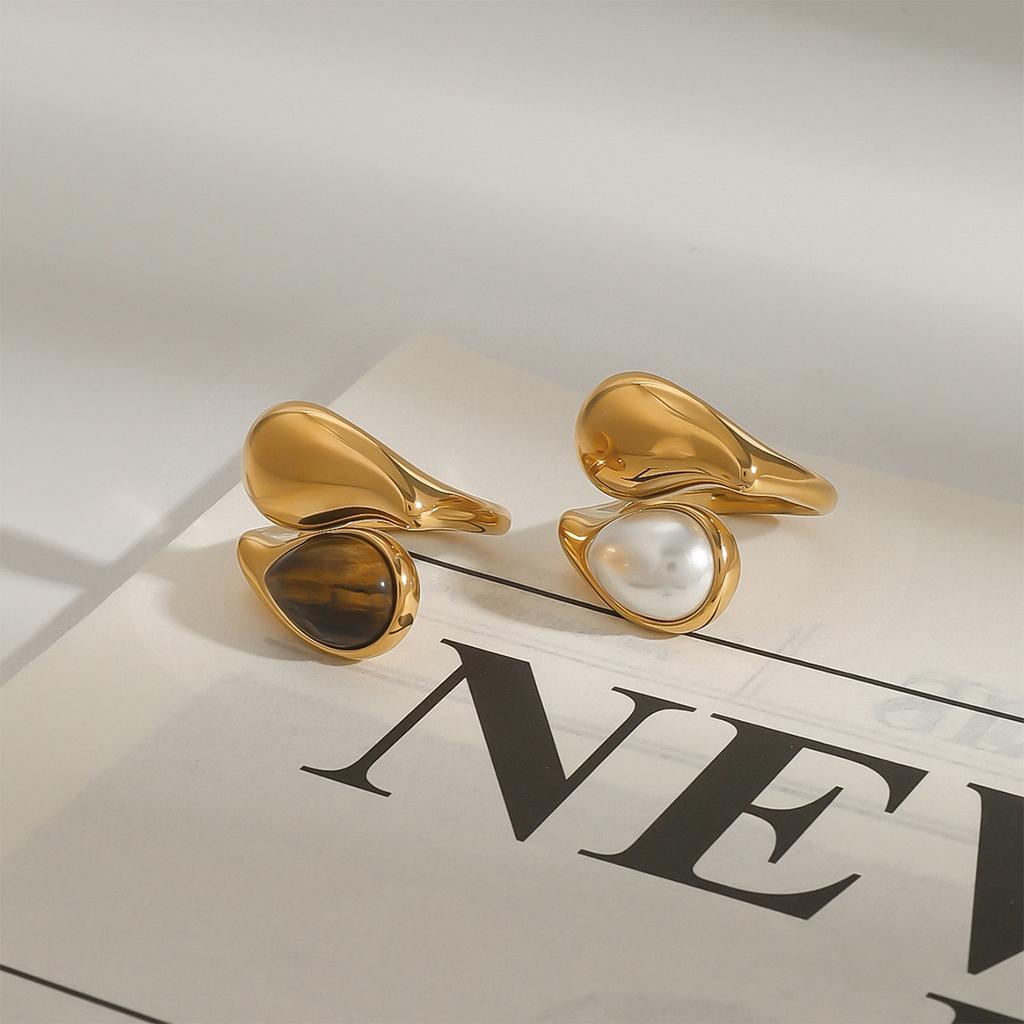 Youthway Винтажное Заявление Золотое Покрытие Нержавеющая Сталь Натуральный Камень Имитация Жемчуга Гладкое Кольцо Для Унисекс Модная Бижутерия Новинка