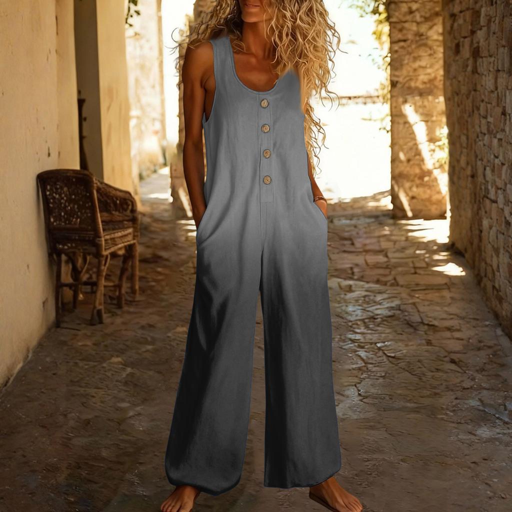 Повседневный свободный комбинезон без рукавов с карманами и регулируемыми бретелями для женщин (Большая длина).