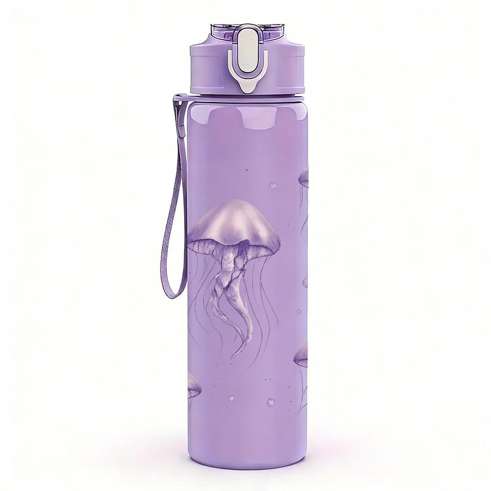 1PC Purple Jellyfish Pattern 750ml Color Plastic Sports Water Bottle Leakproof Flip Straw Lid Suitable for Sports Office Home Use