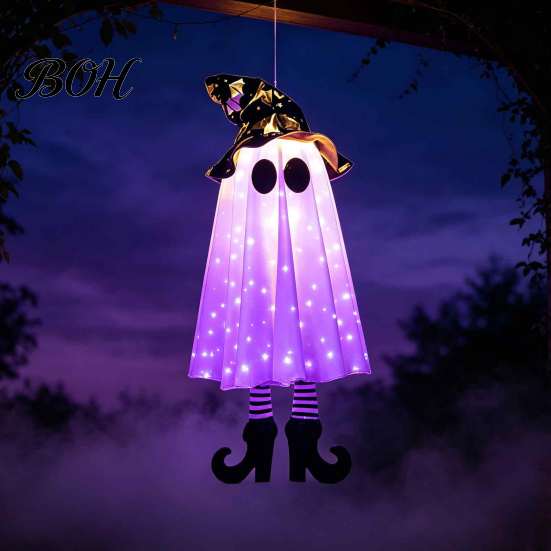 Eco Friendly Halloween Ornaments Hanging Ghost Decoration with Witch Hat And Leg, LED Lighted Spooky Whimsical Outdoor Figures Floating for