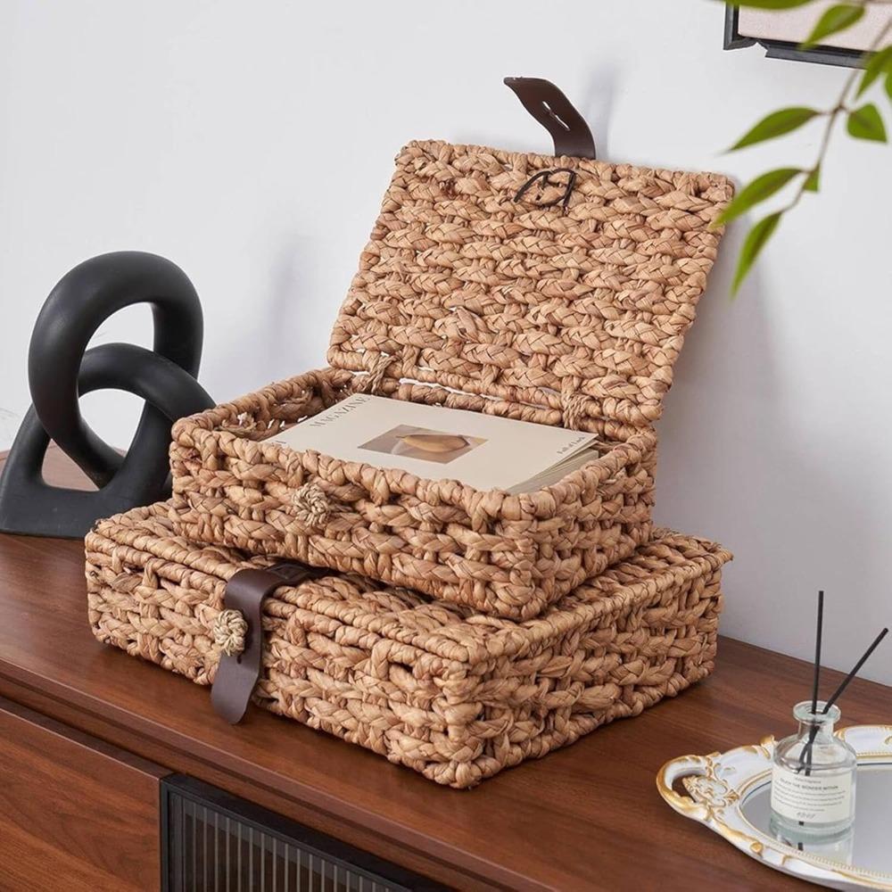 Wicker Decorative Box with Lid, Water Hyacinth Woven Basket for Shelf Display, Coffee Tables Storage Large