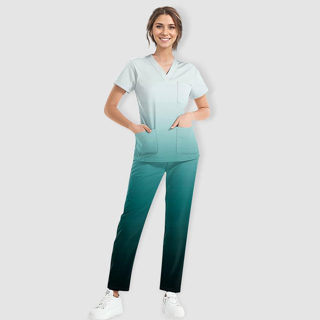 Women's Short Sleeve V Neck Gradation Chest Pocket Work Top Elastic Waist Pants Two Piece Work Set,3 Pockets,Scrubs Tops For Women