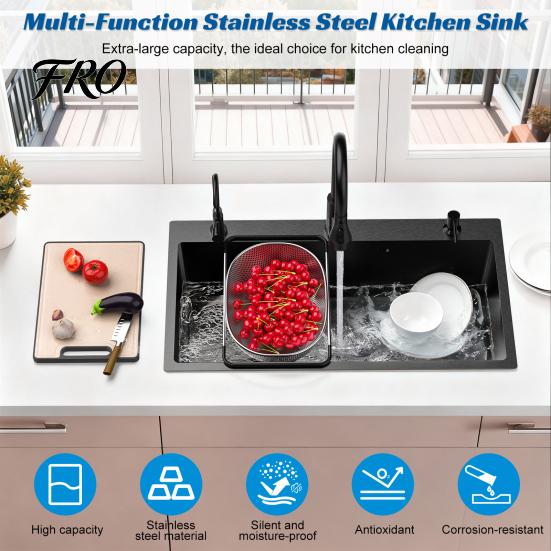 Kitchen Sink Black Sink, Embedded/Top Mounted Stainless Steel Workbench with Cutting Board & Drainage Basket, Single Bowl Accessories (31.5 x 17.7in)