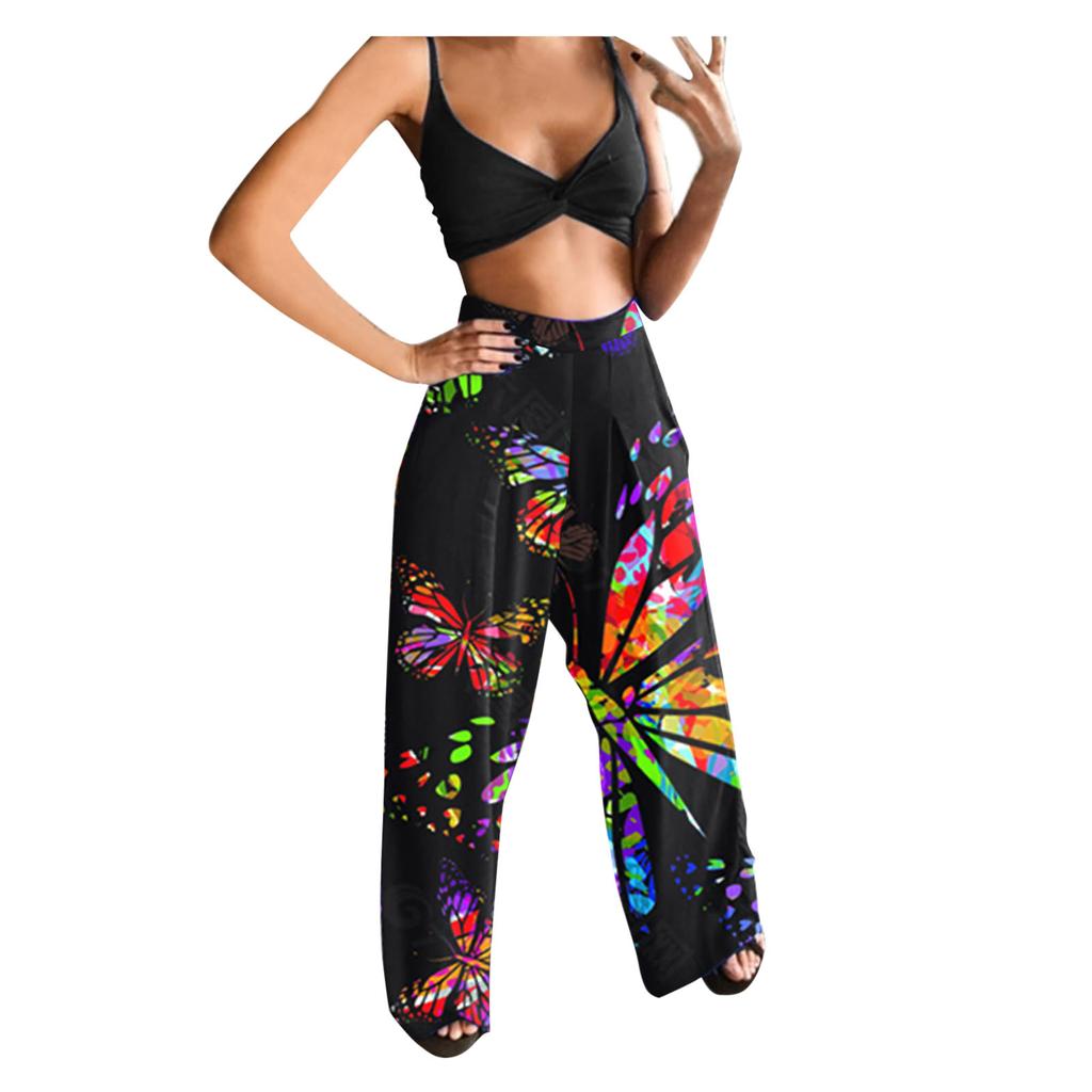 Women Casual Butterfly Printed Sleeveless Camis Tops+Long Pants 2 Piece Set