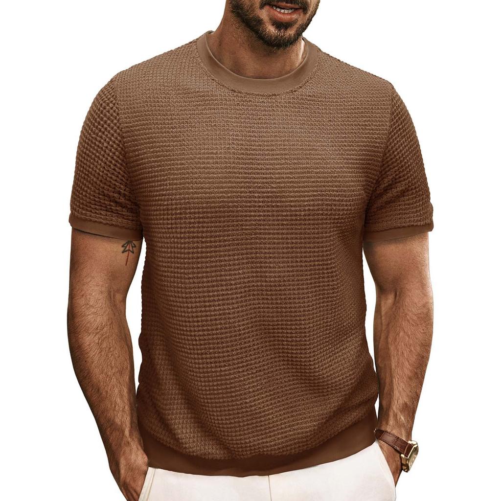 Men's Short Sleeved Knitted T-shirt Top With Round Neck Ribbed Pullover