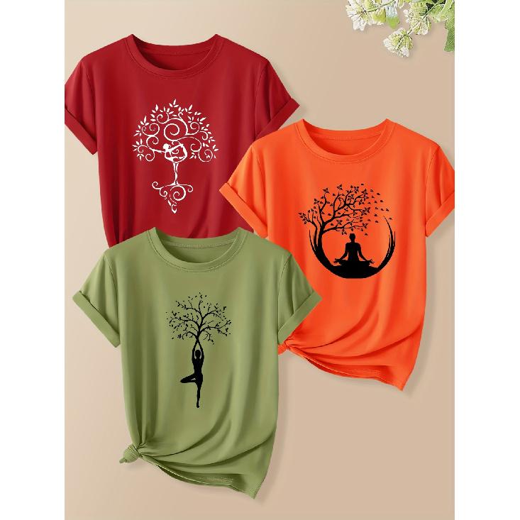 Three-piece women's yoga and meditation outfit with plant print short sleeves 2025Autumn fashion trend retro round neck cute T T-shirt Suit Casual