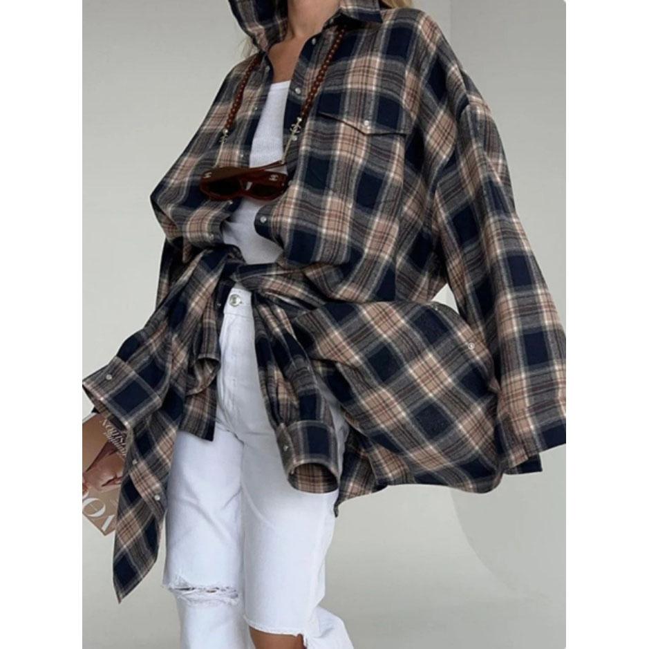 Винтажная женская рубашка свободного покроя с длинным рукавом в клетку, блузка, топы, осень-зима, свободная рубашка с карманом и пуговицами, корейский стиль
