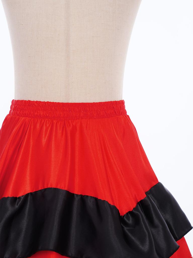Girls Spanish Flamenco Tiered Ruffles Satin Wide Hem Skirt Performance Costume