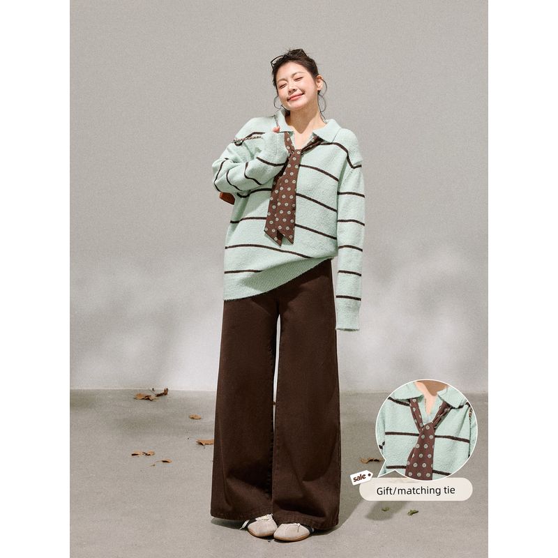 Plus-Size Women's Clothing for Adults, Korean Style Slimming Lazy Green Striped Sweater and Dark Coffee Casual Pants Set