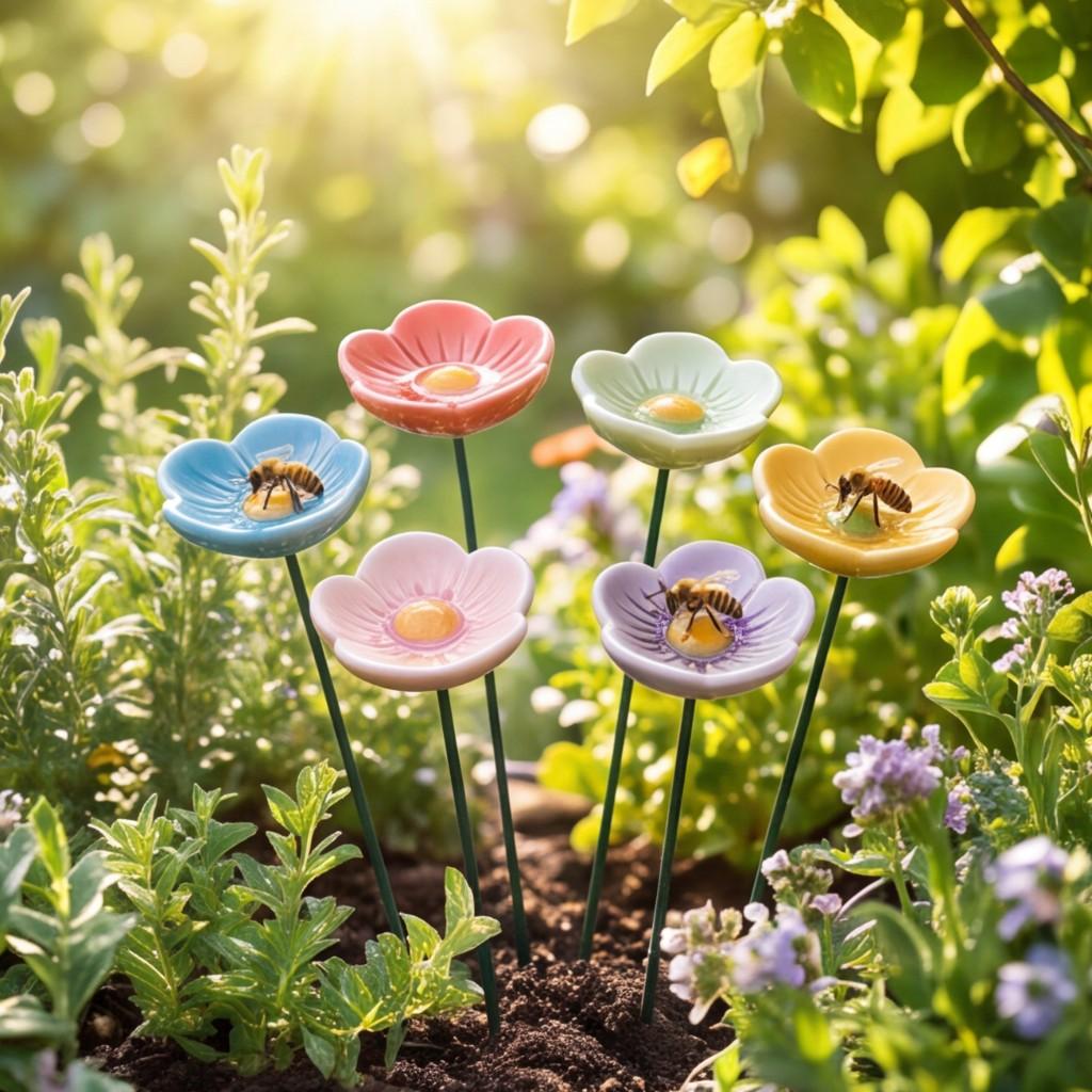 Ceramic Bee Water Station Set of 4 Handmade Pollinator Blossom Stake with Built-in Drinking Cup Weatherproof Garden Yard Decoration for Outdoor Bee