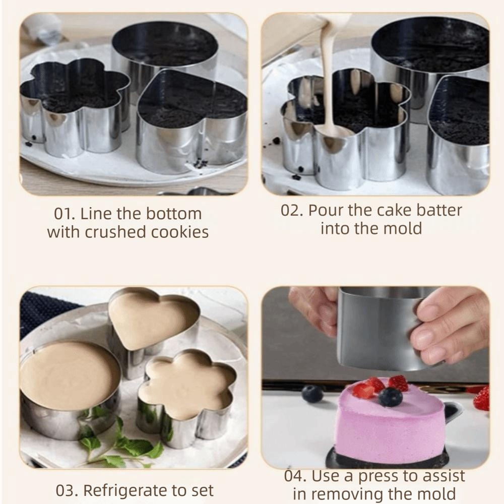 4Pcs Stainless Steel Cake Ring Mold Reusable Easy Release Cooking Ring DIY Baking Surface Smooth Dessert Food Molds with Pushers