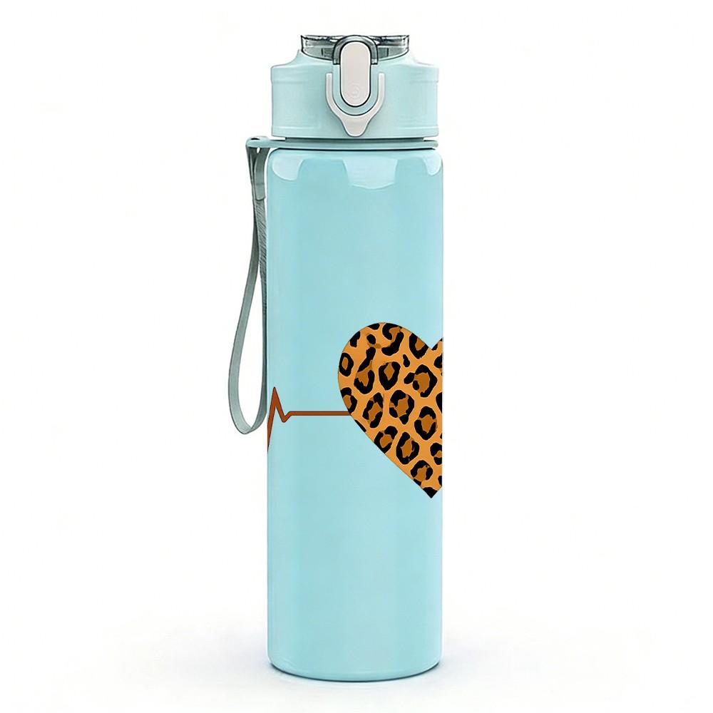 1PC Leopard Heart Electrocardiogram 750ml Color Plastic Sports Water Bottle Leakproof Flip Straw Lid Suitable for Sports Office Home Use