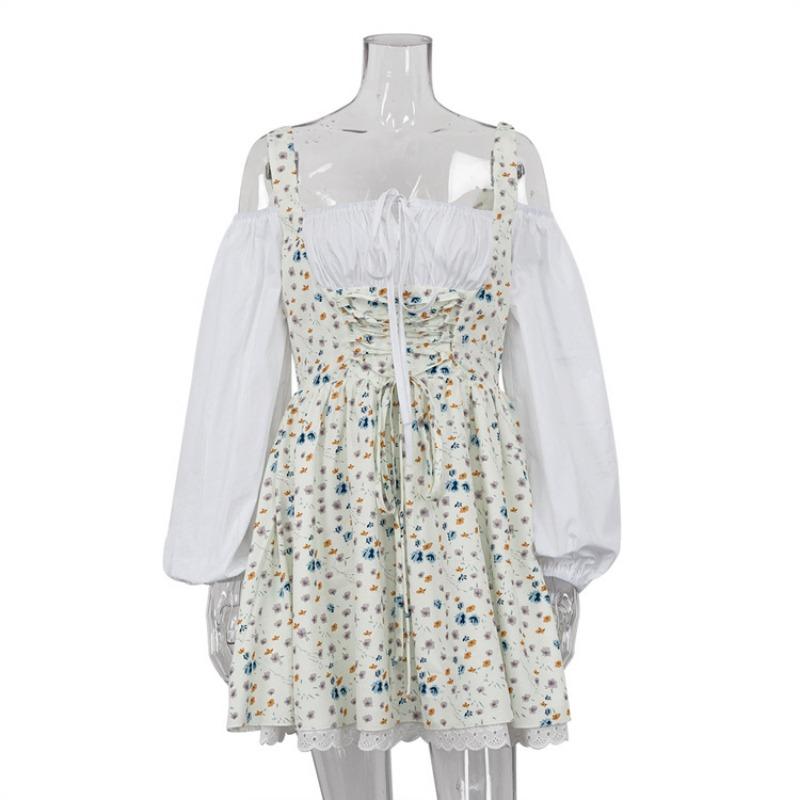 Slimfit сексуальное платье с открытыми плечами и цветочным принтом для женщин, зашнуровать лоскутное мини-платье с длинными рукавами Femme France, винтажное элегантное уличное платье, лето 2024