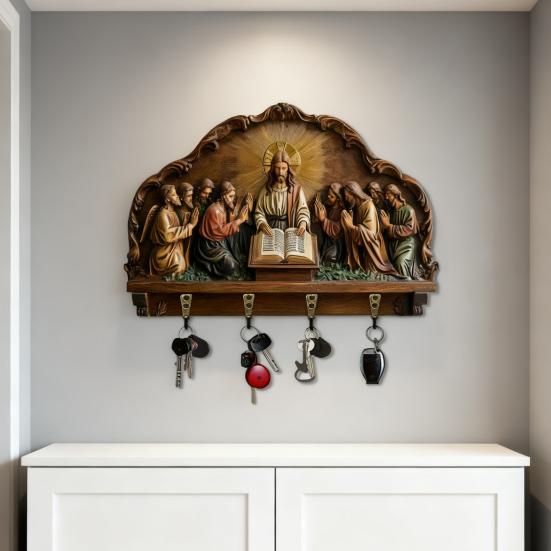 Wall Mount Key Holder Wooden Carving Jesus Themed Key Organizer Multi-purpose Home Office Entryway
