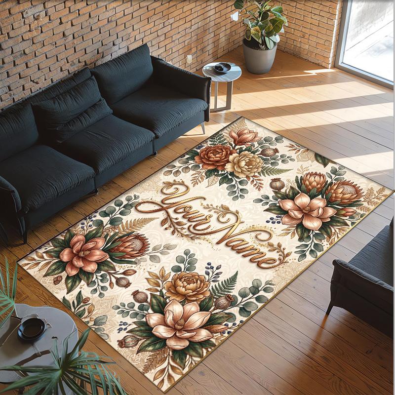 Floral Theme Crystal Velvet Rug Personalized Custom Name Text Soft Floor Mat Home Decor