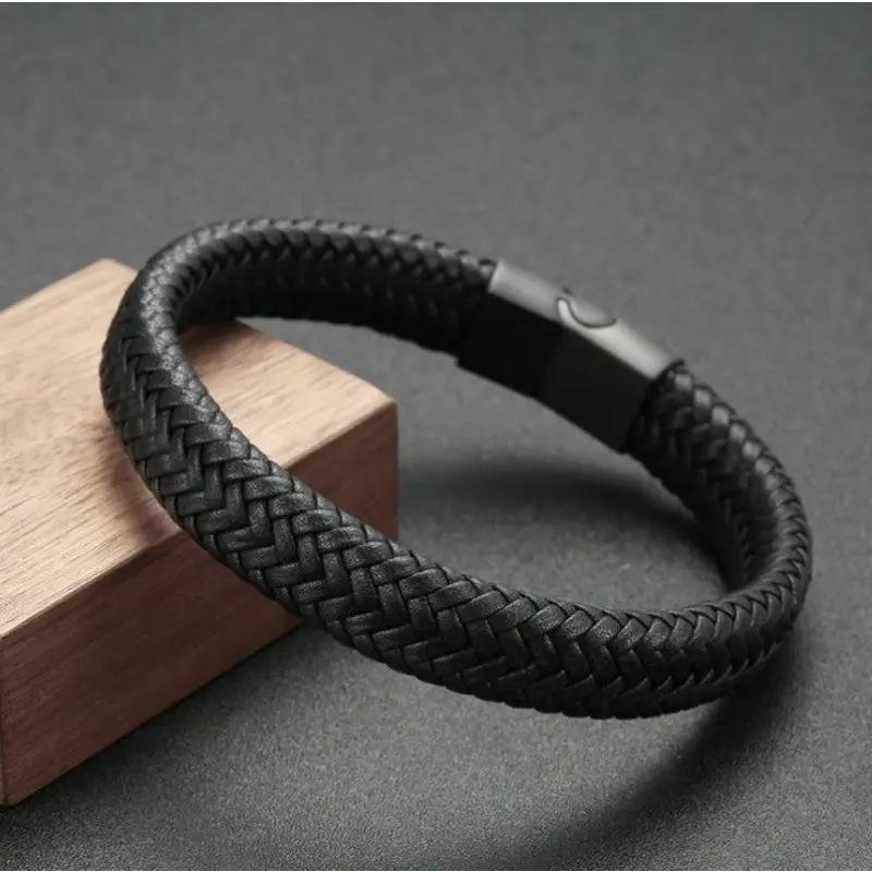 Women Jewelry Black Classic Casual Style Woven PU Leather Gifts Men Fashion Bracelet 1PC Accessory Handmade