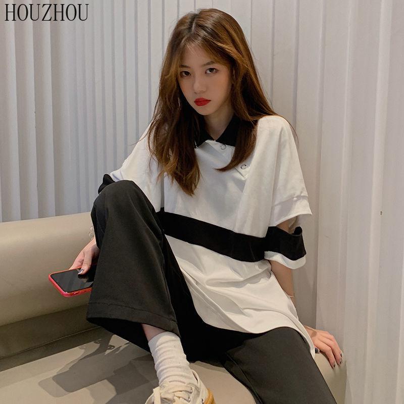 HOUZHOU Футболка ПОЛО женская летняя корейская свободная с коротким рукавом полая корейская шикарная повседневная оверсайз