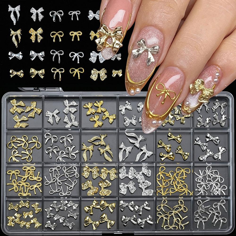 24grids Luxury Gold Silver Butterfly Bow Nail Art Gems CUte Metal Alloy Bow Ribbon Nail Art Gems Flatback Butterfly Nail Decora