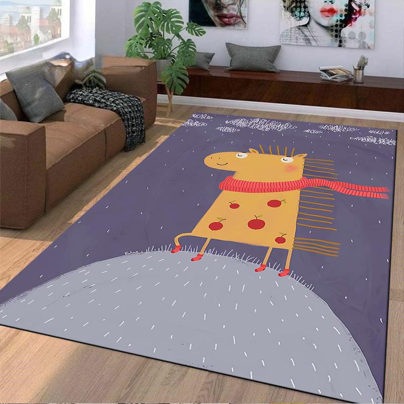 Cute Cartoon Horse Carpet with Red Scarf, Purple Background Decor. Suitable for use as an anti-slip for living room bedroom sofas