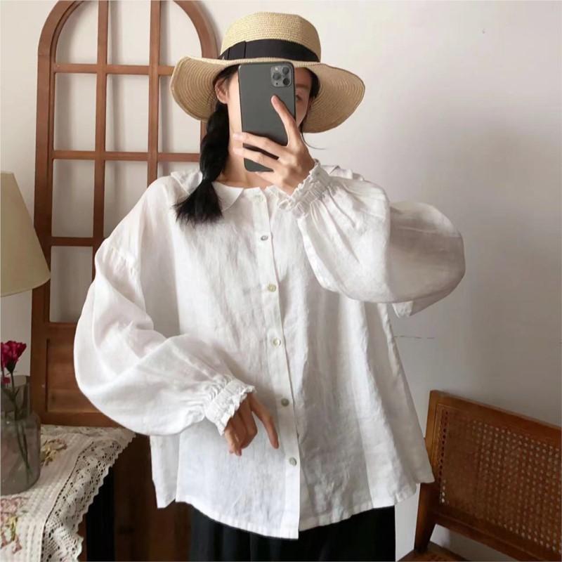 Johnature Женские топы весна-лето винтажные женские с отложным воротником свободные простые повседневные однотонные блузки