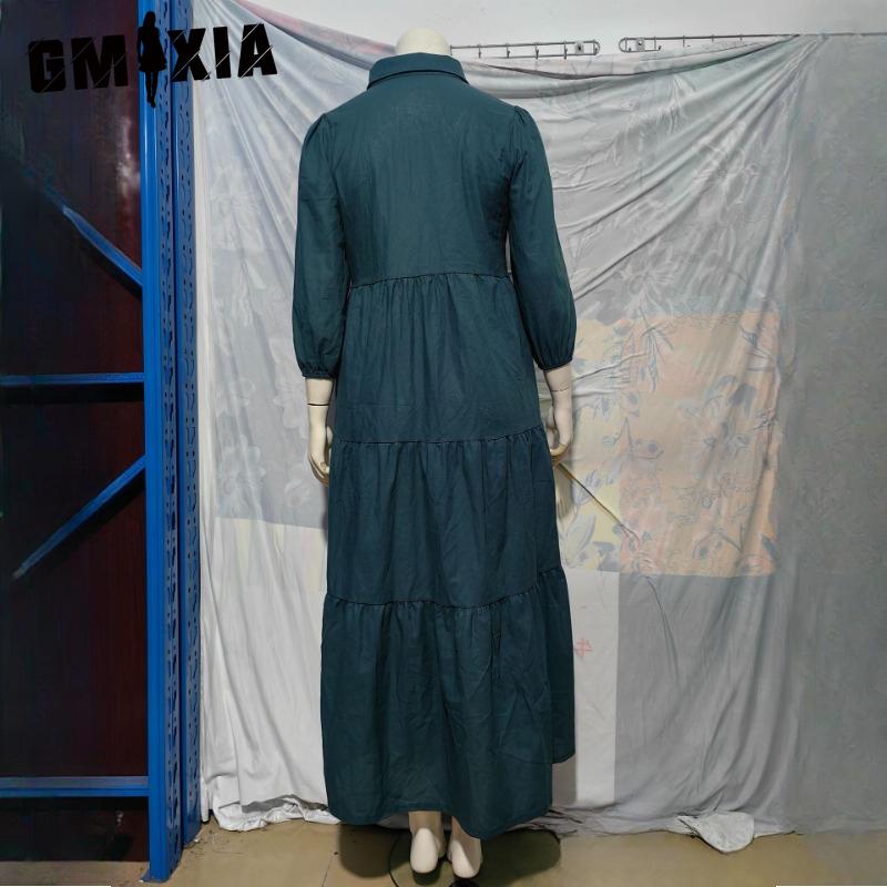 GMXIA Women's Fashion Spring Autumn Solid Color Print Long Sleeve POLO Neck High Waist Casual Dresses