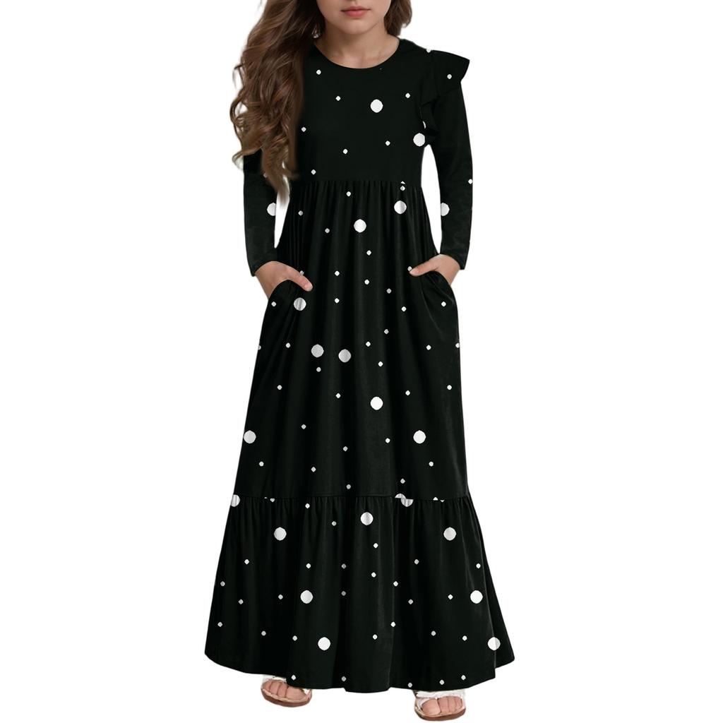 Girls' Tiered Ruffle Dress - Long Sleeve Printed Maxi With Pockets