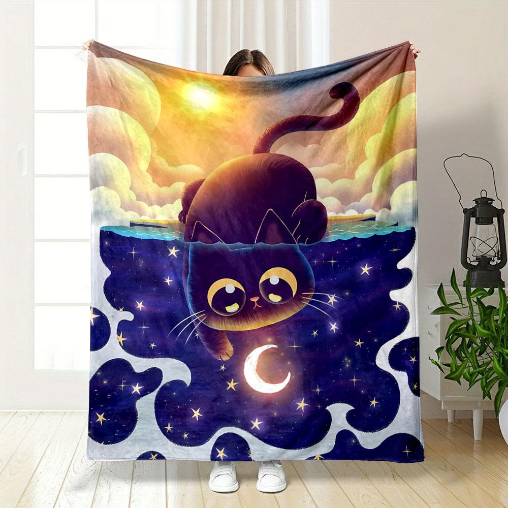 Black Cat Starry Moon Blanket Bedroom Blanket for Livingroom Couch Lunch Break Soft Throw for Friend's Festival Gift