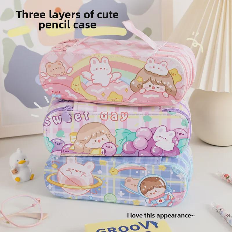 Трехслойный мультяшный пенал: Милый, Вместительный для Учеников Начальной и Средней Школы