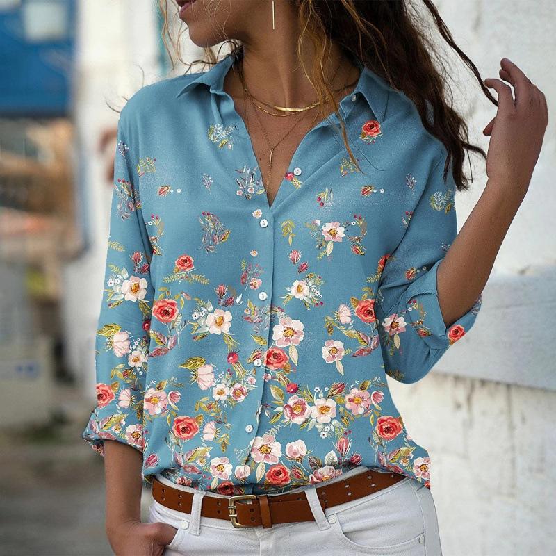 new women's fashion lapel long-sleeved shirt 3d printed floral print casual shirt female versatile fashion