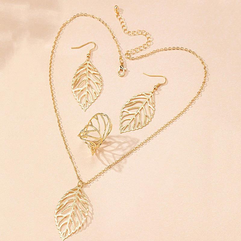3pcs Women's Minimalist Jewelry Set Suitable for Parties Banquet Daily Wear Fashion Metal Leaf Shaped Necklace Earrings Ring Set