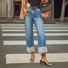 Women Baggy Jeans High Waisted Wide Leg Denim Pants Stretchy Cuffed Hem Straight Boyfriend Jeans with Pockets
