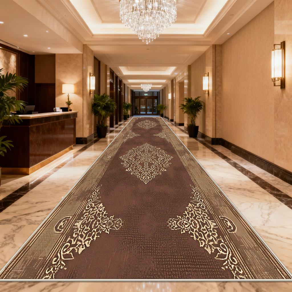 European Retro Brown Lint-free Long Runner Rug Luxury Non-slip Foldable Long Corridor Carpet Easy Clean Soft Passageway Foot Mat
