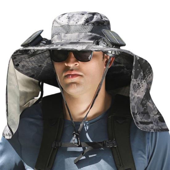 Solar Fan Hat with Neck Flap USB Rechargeable UV Protection Dual Cooling Fan