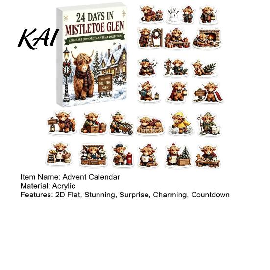 Christmas Party Favors 2026 Highland Cow Advent Calendar, 24 Pcs 2D Flat Acrylic Collectable Holiday Figures Farmhouse Animal Ornaments, 24-Day