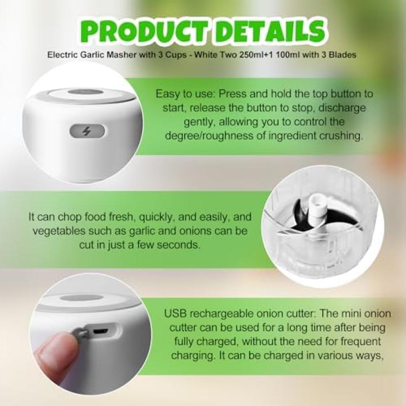 USB Rechargeable Electric Food Chopper, 250ml Mini Vegetable Cutter for Onions, Garlic, Meat, Multifunctional Kitchen Chopper Processor