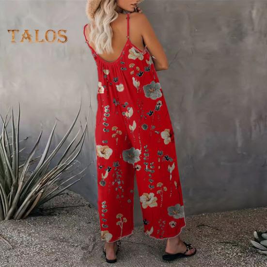 Летний женский комбинезон с регулируемым ремешком на тонких бретельках, без рукавов, с открытой спиной, с широкими штанинами, свободный цветочный принт, глубокая промежность, боковые карманы, плиссированные, для отдыха, пляжа