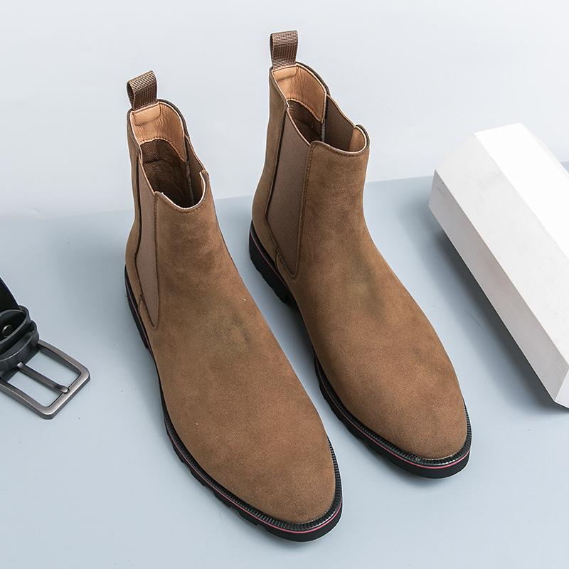 Мода Мужчины Винтаж Мода Челси Ботинки Замша Кожа Одним Шагом Заостренный Носок Деловые Мужские Ботинки для Ходьбы Короткие Ботинки Размер 38-46 Мужские Ботинки