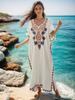 EDOLYNSA White Vintage Embroidered Long Kaftan Casual V-neck Maxi Dress Summer Clothing Women Beach Wear Swim Suit Cover Up Q1490