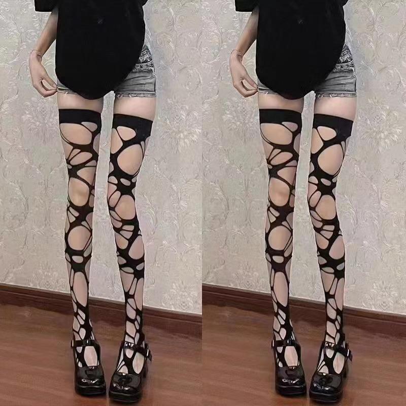 Неровные дырочки Чулки Женское нижнее белье Лолита Готический стиль Эротическое нижнее белье Женские сетчатые длинные носки Женские чулки до бедра