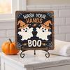 Bathroom Shelf Ornament Halloween Wooden Table Sign, Cute Ghost Boo Plaque Sign with Gift for Friends Metal Stand Indoor Desk Home Decor Holiday