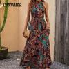 Весенне-летнее женское платье с принтом, винтажные богемные платья с подвесным воротником, платье без рукавов